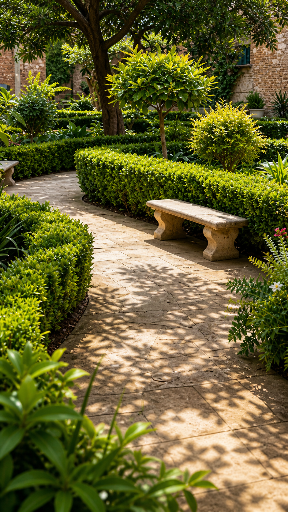 Giardino con vialetto e panchina in pietra curato da LuccAlfa